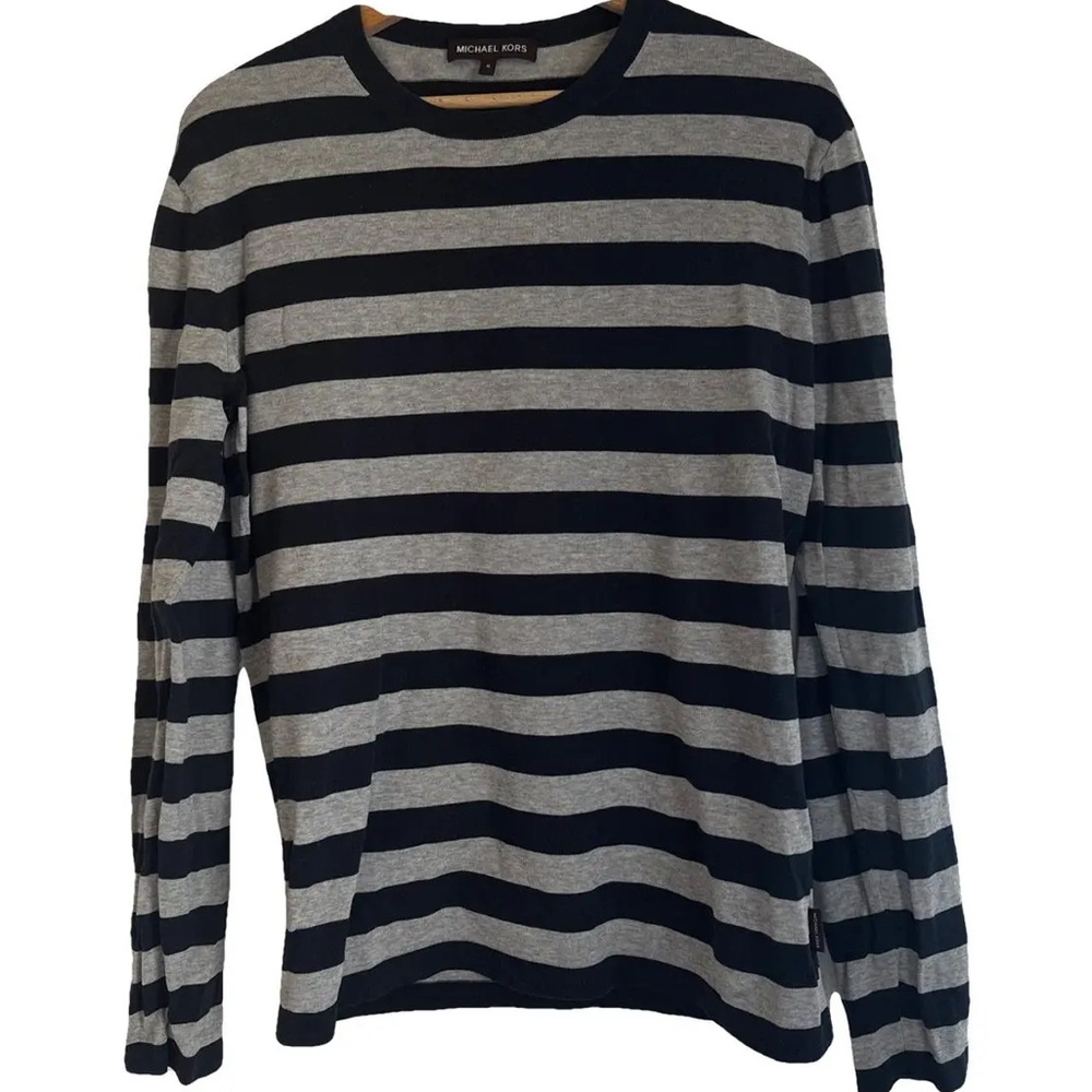 Michel Kors Men’s Knit Striped Sweater Navy Blue/ Gray Size Small